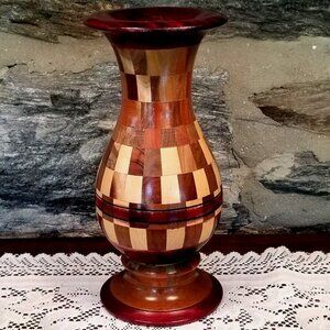 VTG 12" Tall Handcrafted Wooden Parquet Mosaic Marquetry Inlay Vase
